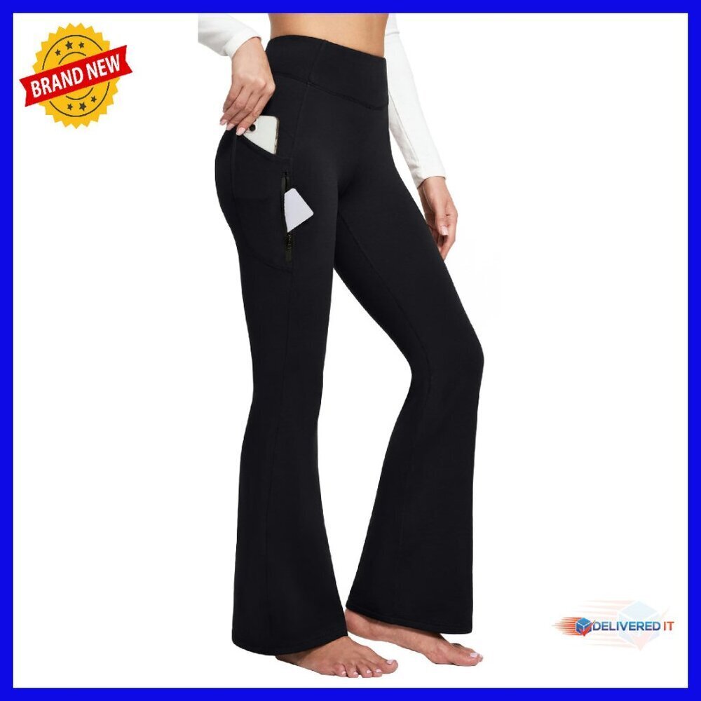 Fleece Lined Yoga Pants High Waist Flare Leg Water Resistant with Pockets